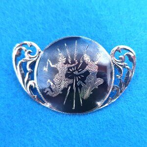 Vintage 1940s Siam Nakon 939 Sterling Black Enamel Thai Dancing Figures Brooch